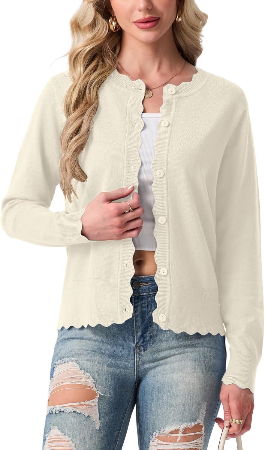 imageGRECERELLE Womens Lightweight Cardigan Casual Knit Open Front Button Scalloped Edge Sweater for Office Work CasualOatmeal