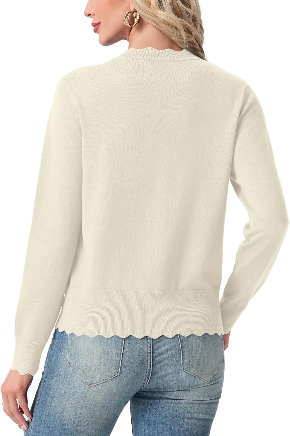 imageGRECERELLE Womens Lightweight Cardigan Casual Knit Open Front Button Scalloped Edge Sweater for Office Work CasualOatmeal