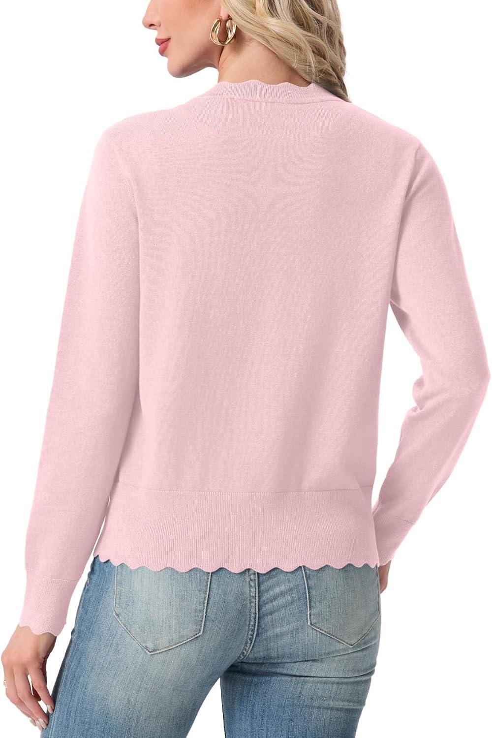 imageGRECERELLE Womens Lightweight Cardigan Casual Knit Open Front Button Scalloped Edge Sweater for Office Work CasualPink White