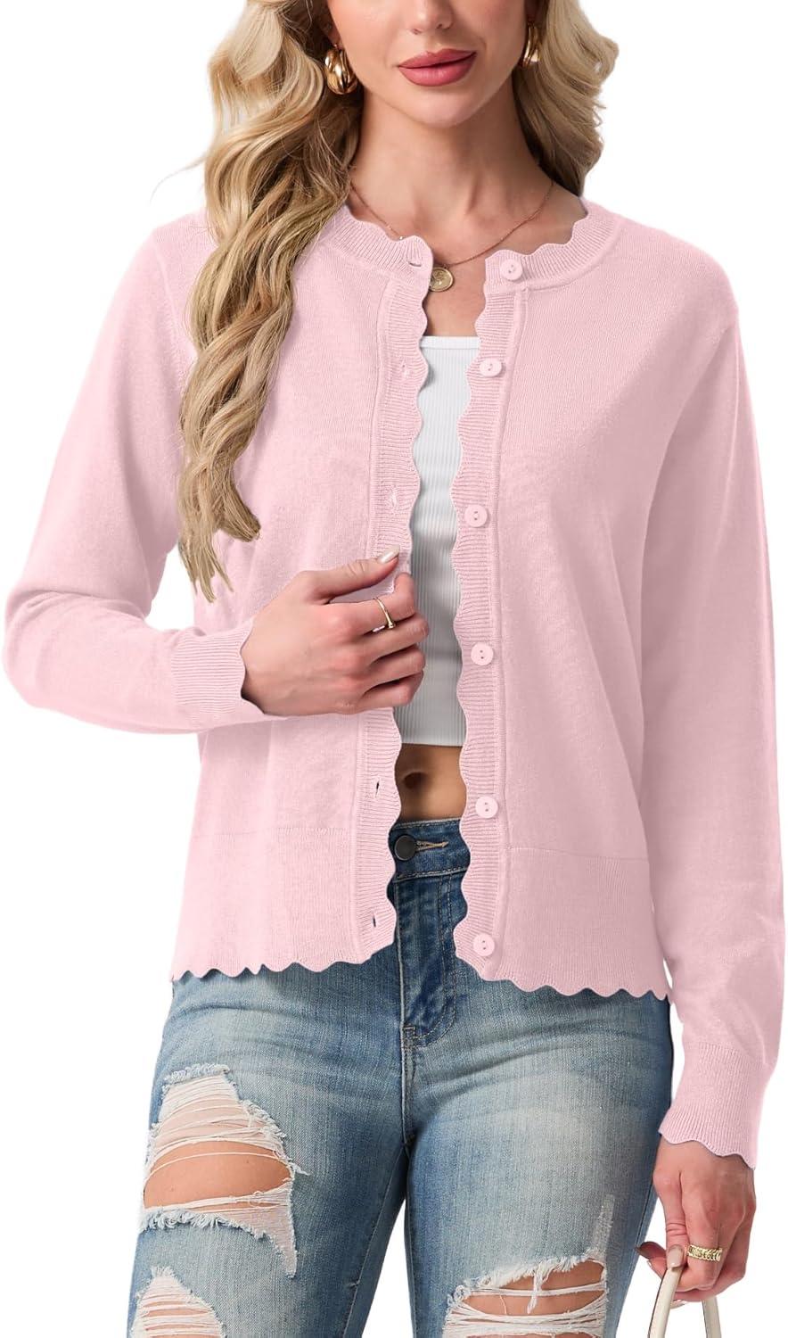 imageGRECERELLE Womens Lightweight Cardigan Casual Knit Open Front Button Scalloped Edge Sweater for Office Work CasualPink White