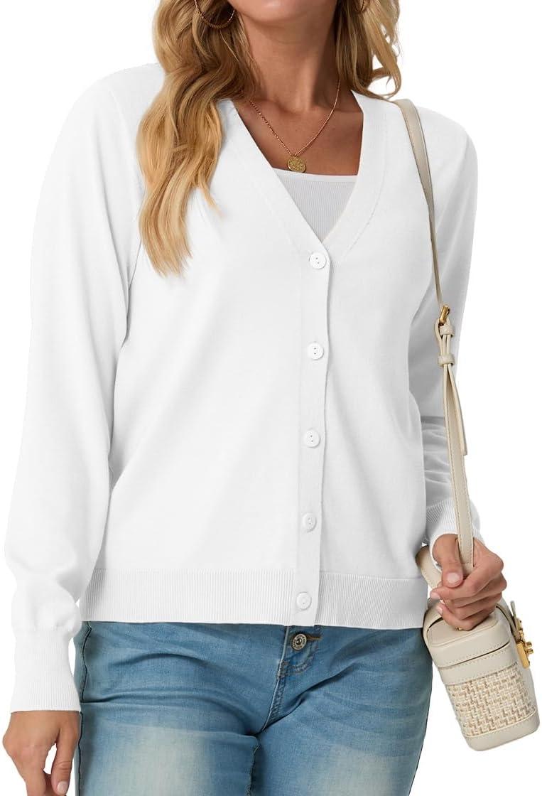 imageGRECERELLE Womens Lightweight Open Front Long Sleeve Cardigan Casual Button Down VNeck Sweater S2XL02 White