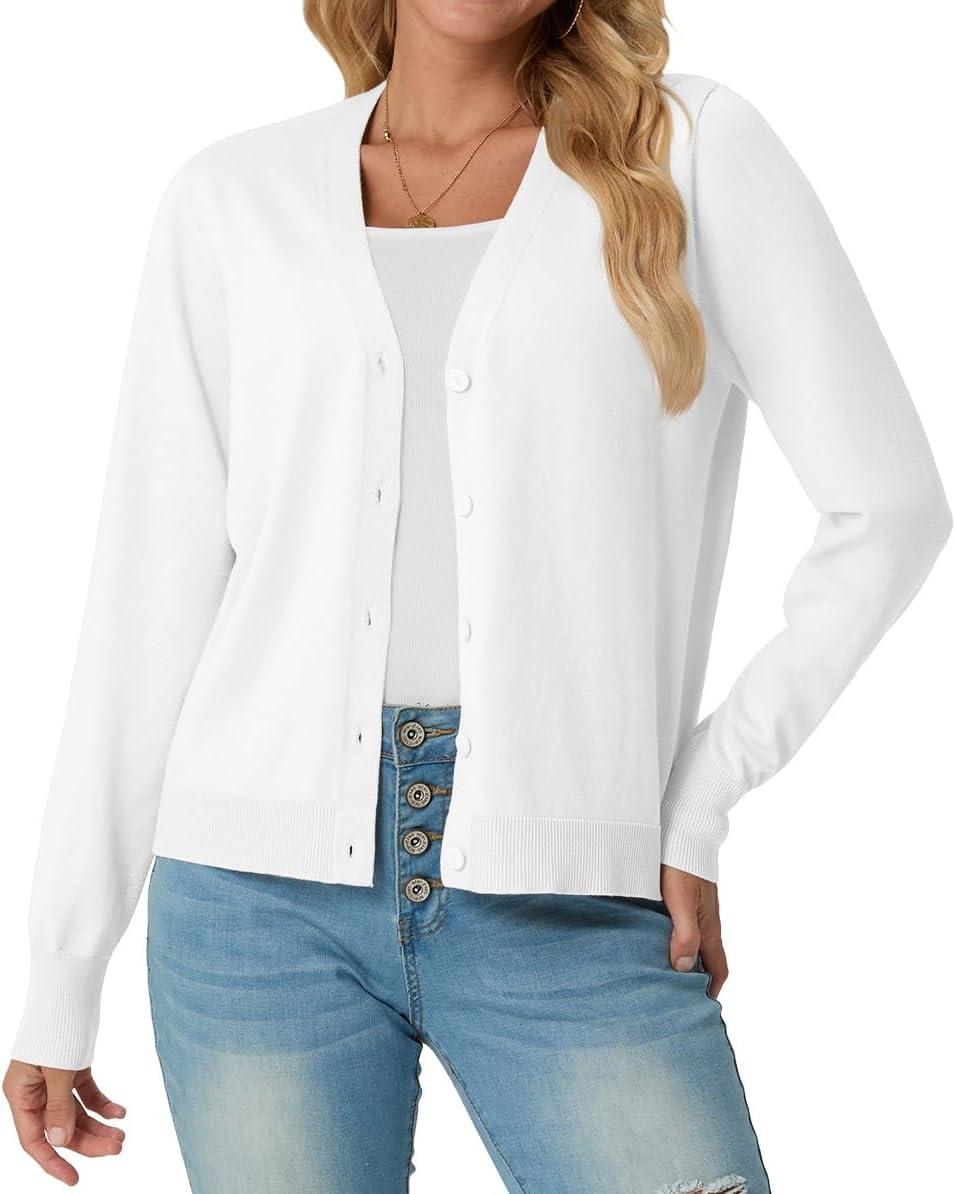 imageGRECERELLE Womens Lightweight Open Front Long Sleeve Cardigan Casual Button Down VNeck Sweater S2XL02 White