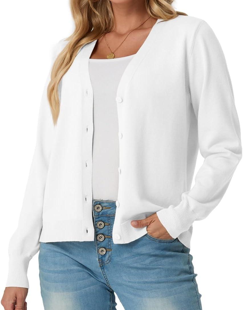 imageGRECERELLE Womens Lightweight Open Front Long Sleeve Cardigan Casual Button Down VNeck Sweater S2XL02 White