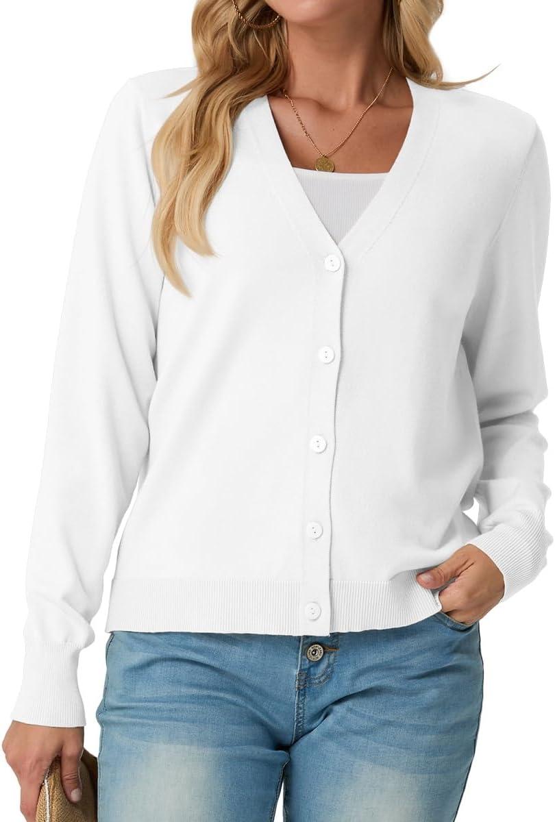 imageGRECERELLE Womens Lightweight Open Front Long Sleeve Cardigan Casual Button Down VNeck Sweater S2XL02 White