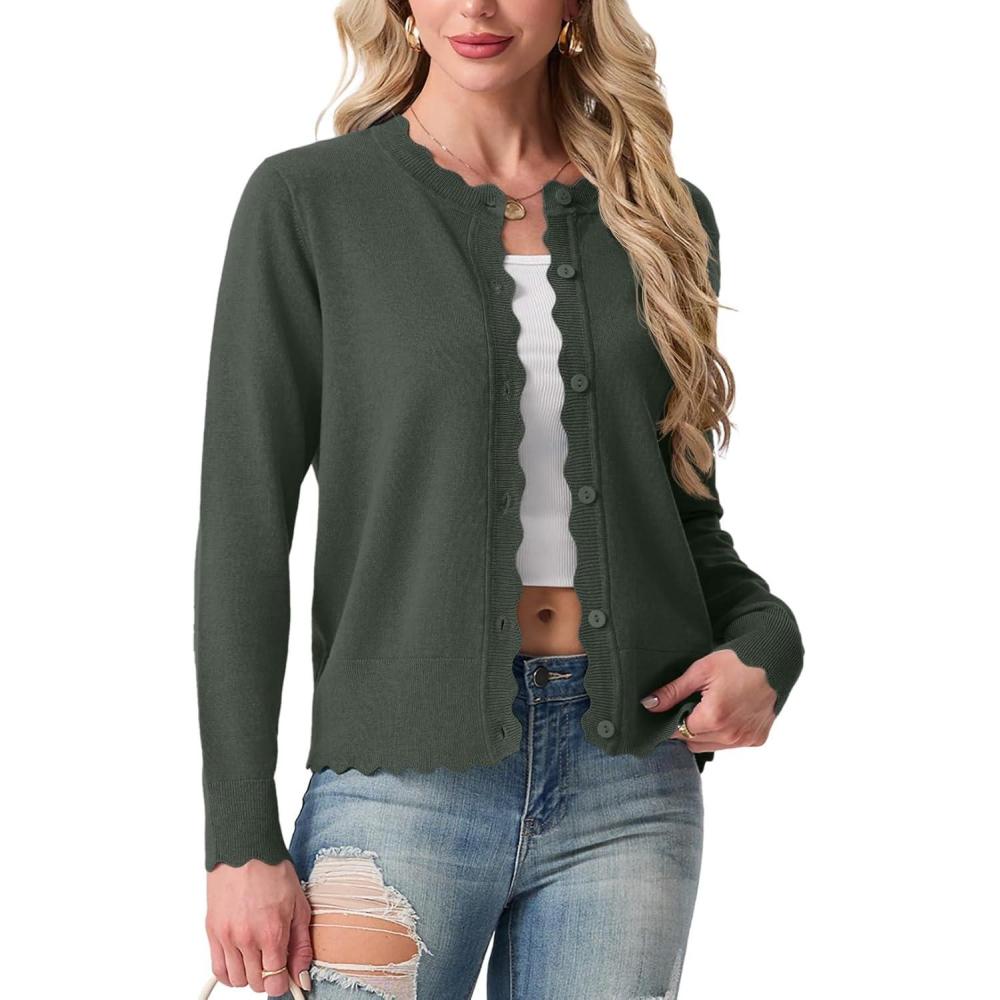 imageGRECERELLE Womens Lightweight Cardigan Casual Knit Open Front Button Scalloped Edge Sweater for Office Work CasualArmy Green