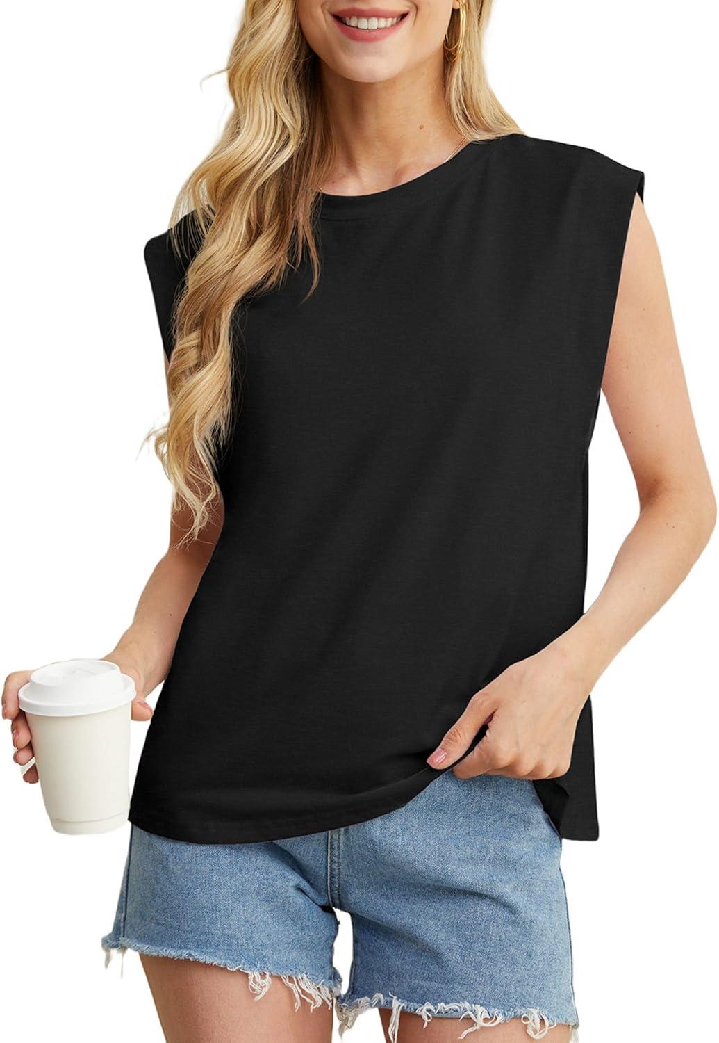 imageGRECERELLE Women 2026 Cap Sleeve Tops Summer Casual Tee Shirt Loose Crew Neck Basic Tank Trendy Work Vacation Outfits S2XL02 Black