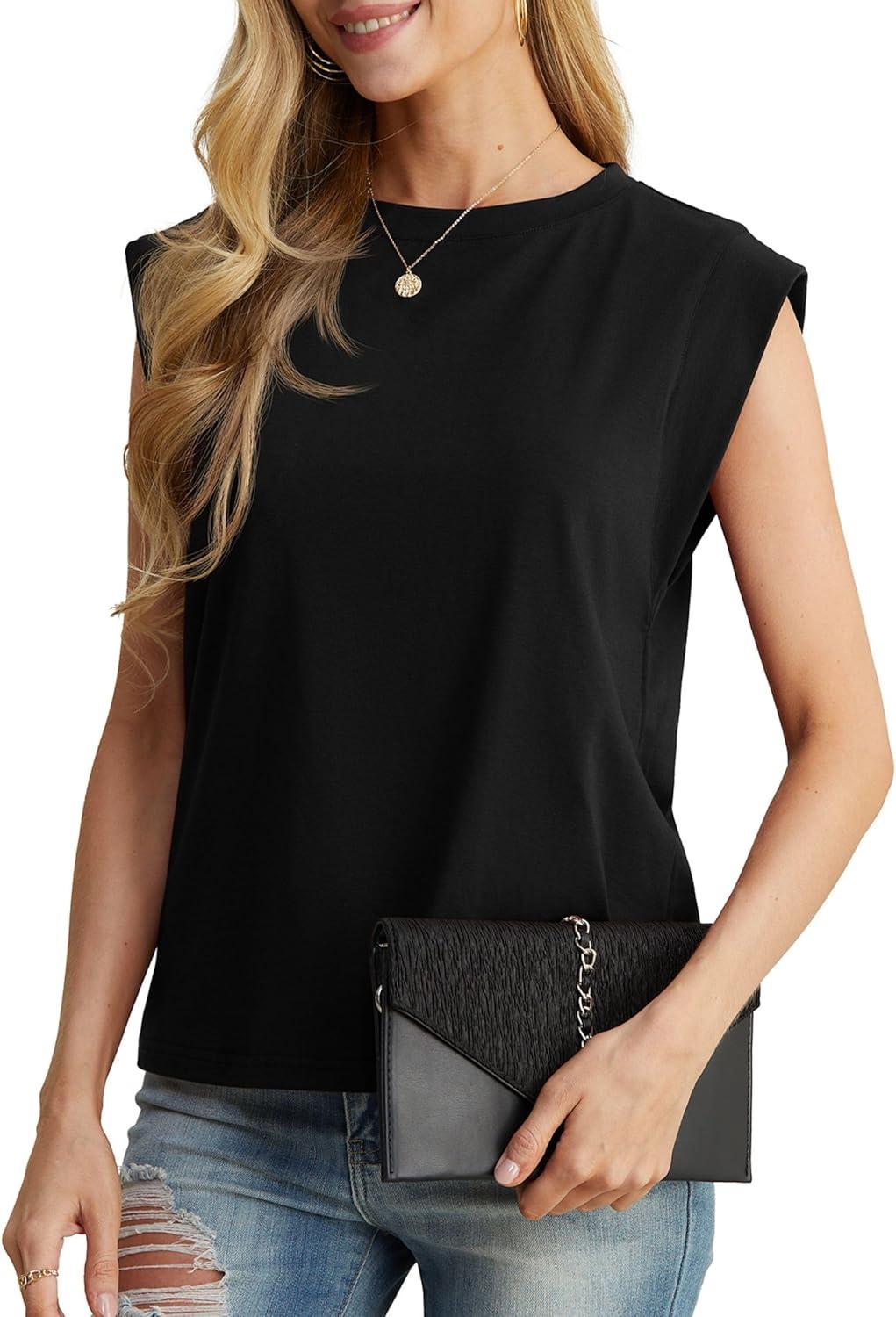 imageGRECERELLE Women 2026 Cap Sleeve Tops Summer Casual Tee Shirt Loose Crew Neck Basic Tank Trendy Work Vacation Outfits S2XL02 Black