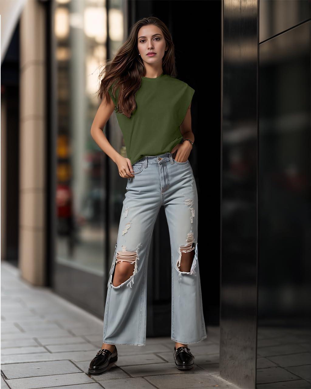 imageGRECERELLE Women 2026 Cap Sleeve Tops Summer Casual Tee Shirt Loose Crew Neck Basic Tank Trendy Work Vacation Outfits S2XLArmy Green