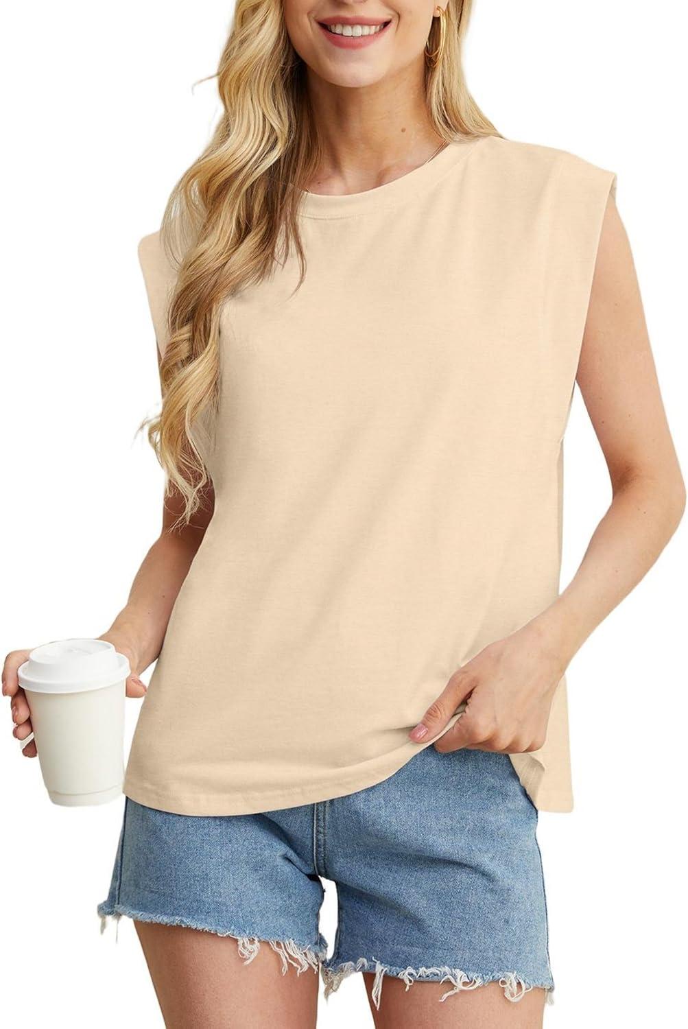 imageGRECERELLE Women 2026 Cap Sleeve Tops Summer Casual Tee Shirt Loose Crew Neck Basic Tank Trendy Work Vacation Outfits S2XLBeige