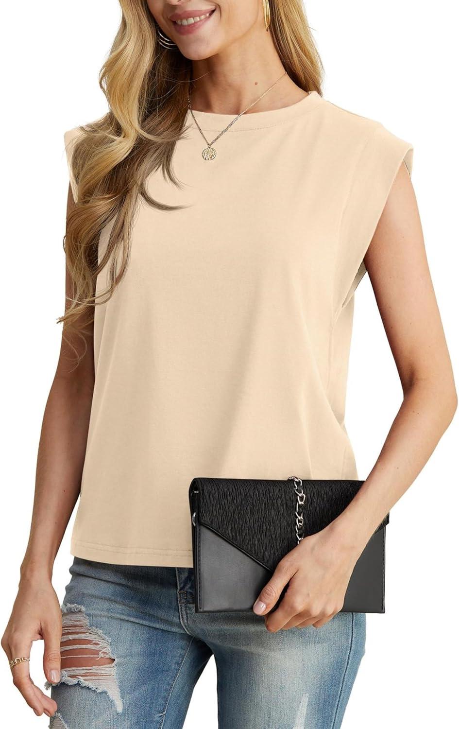 imageGRECERELLE Women 2026 Cap Sleeve Tops Summer Casual Tee Shirt Loose Crew Neck Basic Tank Trendy Work Vacation Outfits S2XLBeige