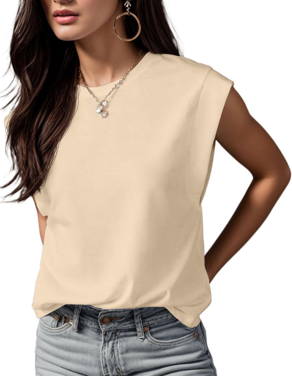 imageGRECERELLE Women 2026 Cap Sleeve Tops Summer Casual Tee Shirt Loose Crew Neck Basic Tank Trendy Work Vacation Outfits S2XLBeige