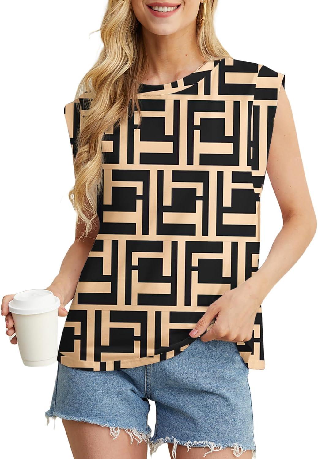 imageGRECERELLE Women 2026 Cap Sleeve Tops Summer Casual Tee Shirt Loose Crew Neck Basic Tank Trendy Work Vacation Outfits S2XLBlack Puzzle