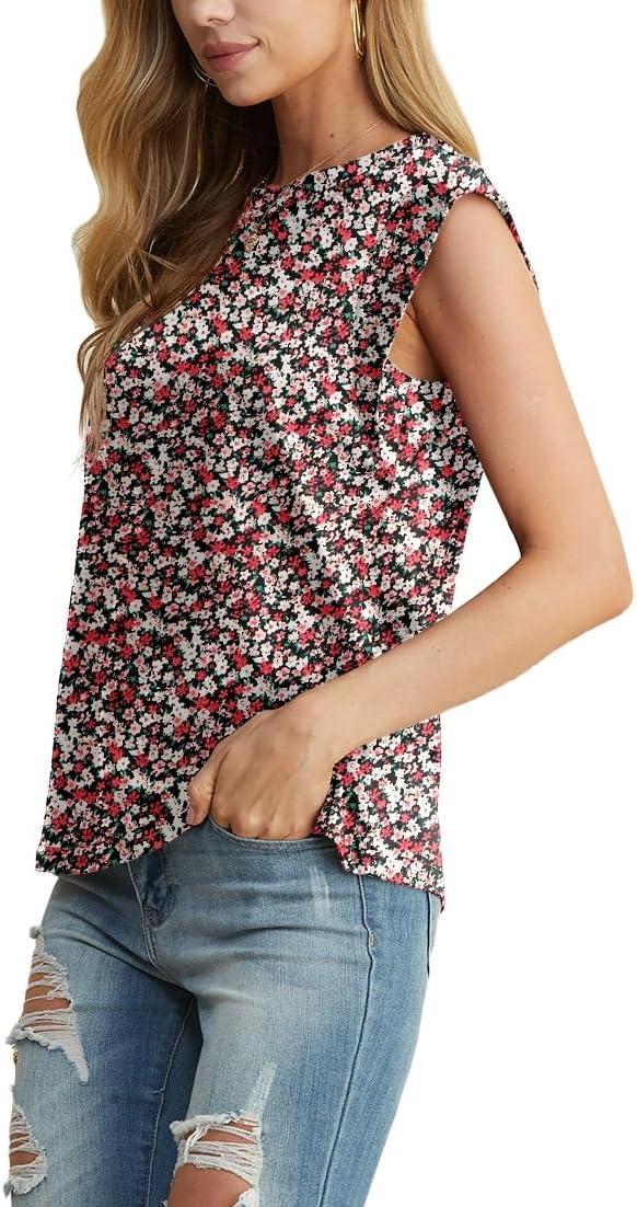 imageGRECERELLE Women 2026 Cap Sleeve Tops Summer Casual Tee Shirt Loose Crew Neck Basic Tank Trendy Work Vacation Outfits S2XLBlack Red Floral