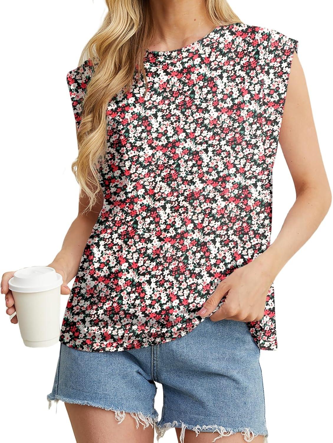 imageGRECERELLE Women 2026 Cap Sleeve Tops Summer Casual Tee Shirt Loose Crew Neck Basic Tank Trendy Work Vacation Outfits S2XLBlack Red Floral
