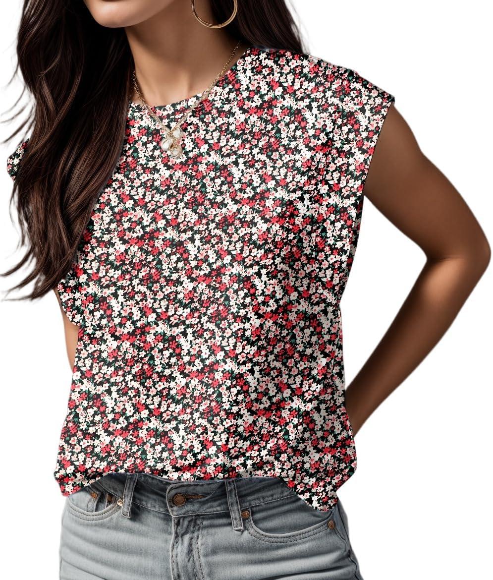 imageGRECERELLE Women 2026 Cap Sleeve Tops Summer Casual Tee Shirt Loose Crew Neck Basic Tank Trendy Work Vacation Outfits S2XLBlack Red Floral