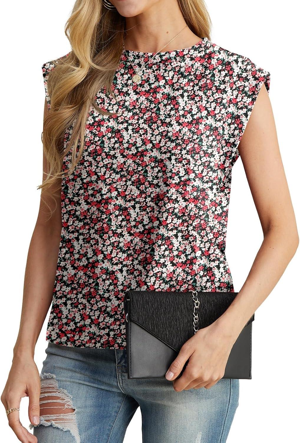 imageGRECERELLE Women 2026 Cap Sleeve Tops Summer Casual Tee Shirt Loose Crew Neck Basic Tank Trendy Work Vacation Outfits S2XLBlack Red Floral