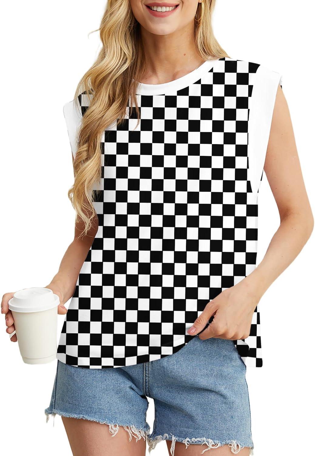 imageGRECERELLE Women 2026 Cap Sleeve Tops Summer Casual Tee Shirt Loose Crew Neck Basic Tank Trendy Work Vacation Outfits S2XLBlack White Plaid
