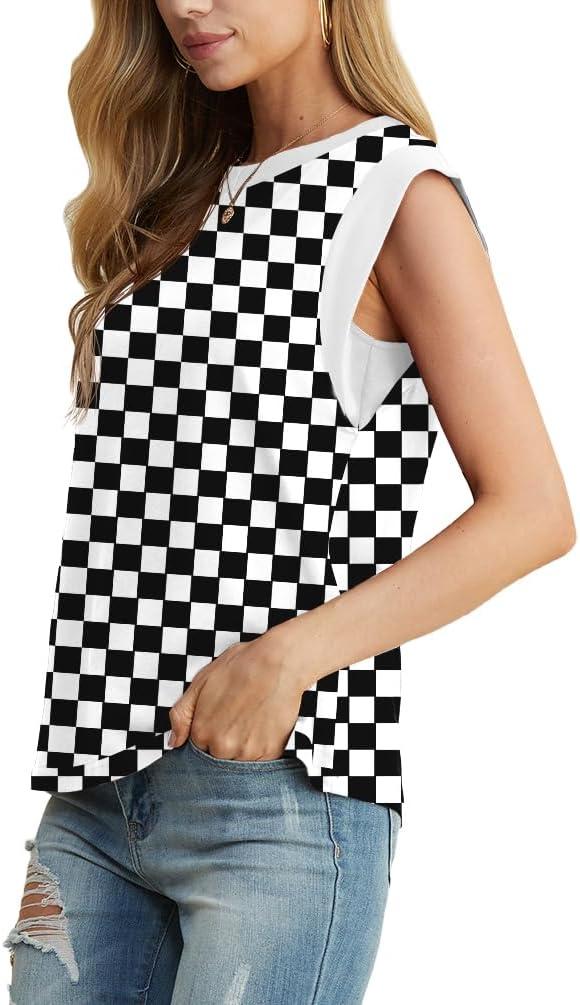 imageGRECERELLE Women 2026 Cap Sleeve Tops Summer Casual Tee Shirt Loose Crew Neck Basic Tank Trendy Work Vacation Outfits S2XLBlack White Plaid