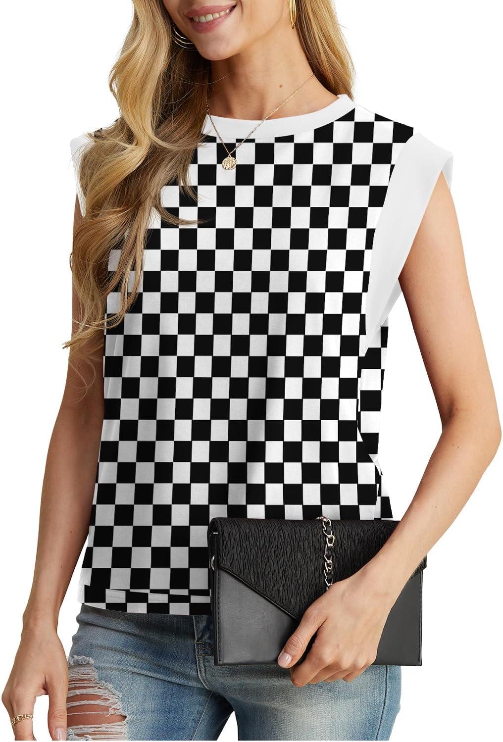 imageGRECERELLE Women 2026 Cap Sleeve Tops Summer Casual Tee Shirt Loose Crew Neck Basic Tank Trendy Work Vacation Outfits S2XLBlack White Plaid
