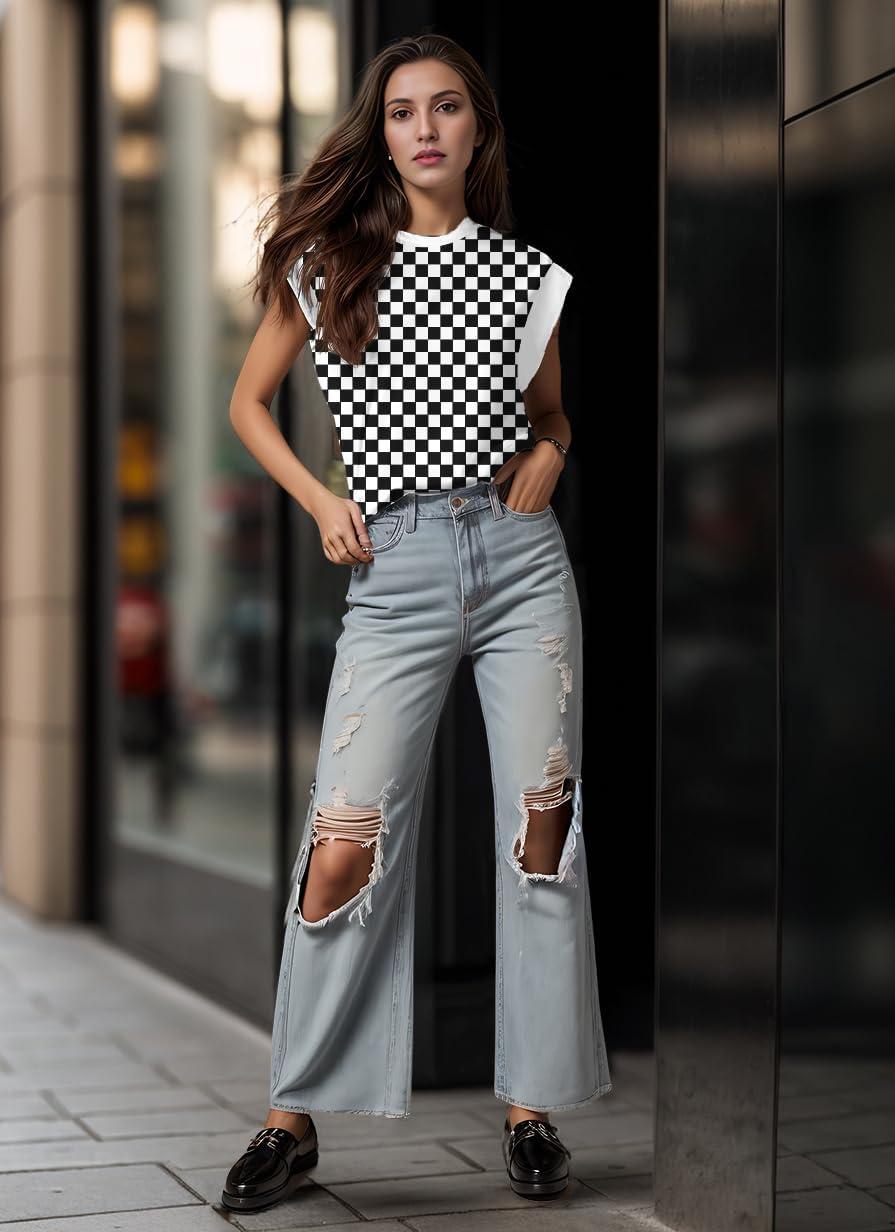 imageGRECERELLE Women 2026 Cap Sleeve Tops Summer Casual Tee Shirt Loose Crew Neck Basic Tank Trendy Work Vacation Outfits S2XLBlack White Plaid