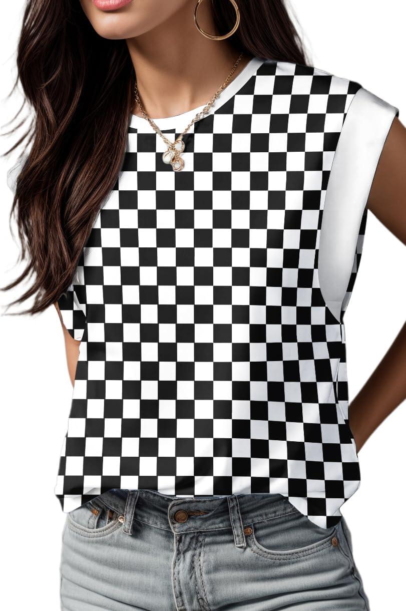 imageGRECERELLE Women 2026 Cap Sleeve Tops Summer Casual Tee Shirt Loose Crew Neck Basic Tank Trendy Work Vacation Outfits S2XLBlack White Plaid