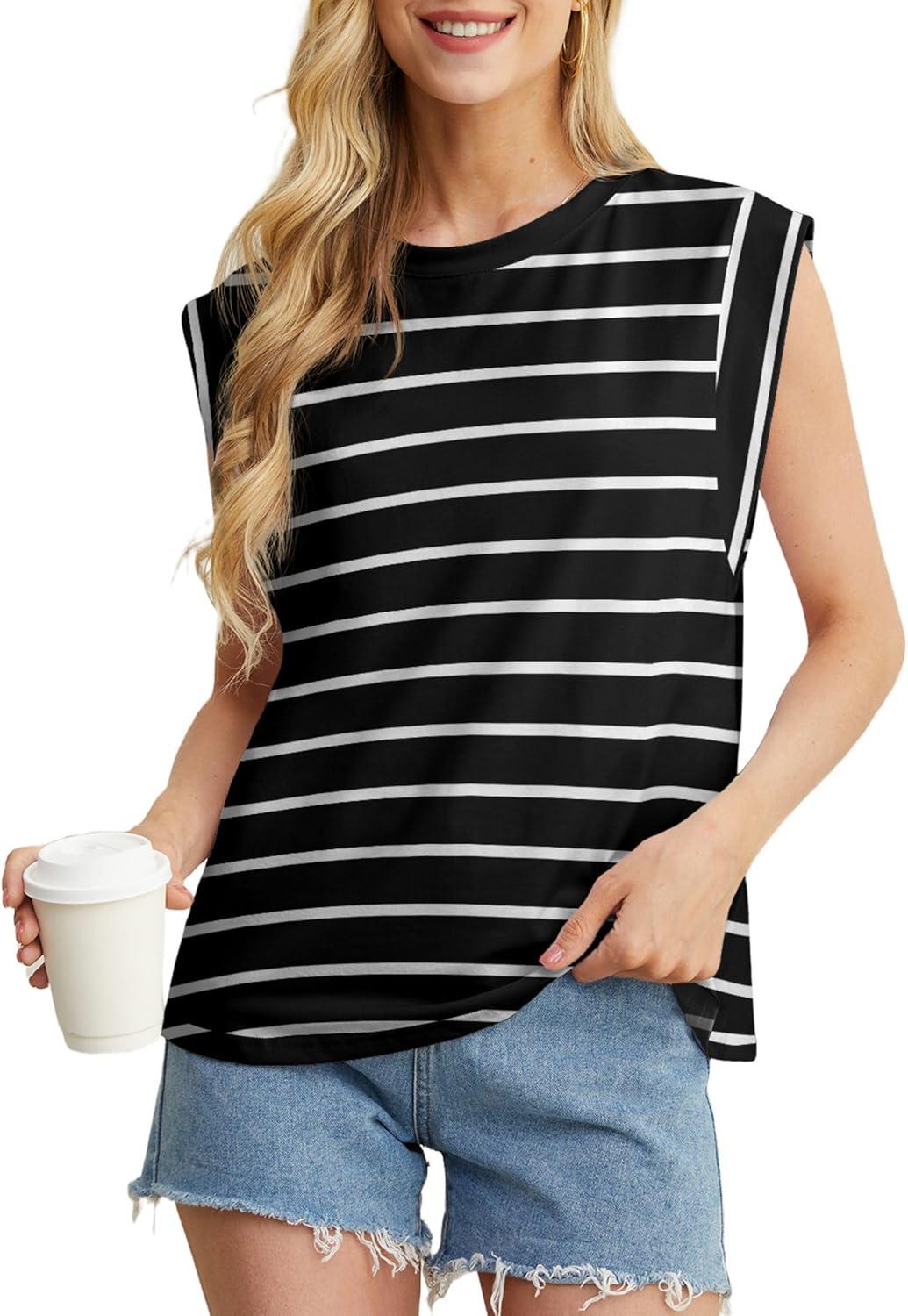 imageGRECERELLE Women 2026 Cap Sleeve Tops Summer Casual Tee Shirt Loose Crew Neck Basic Tank Trendy Work Vacation Outfits S2XLBlack White Stripe