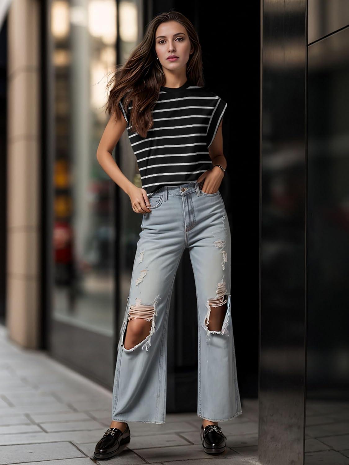 imageGRECERELLE Women 2026 Cap Sleeve Tops Summer Casual Tee Shirt Loose Crew Neck Basic Tank Trendy Work Vacation Outfits S2XLBlack White Stripe