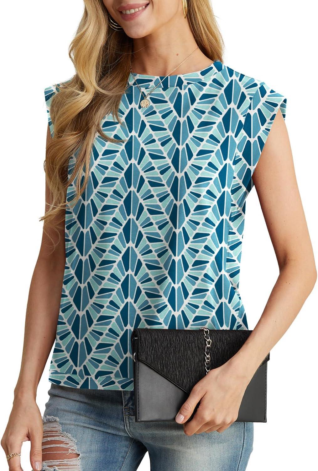 imageGRECERELLE Women 2026 Cap Sleeve Tops Summer Casual Tee Shirt Loose Crew Neck Basic Tank Trendy Work Vacation Outfits S2XLBlue Fish Scale