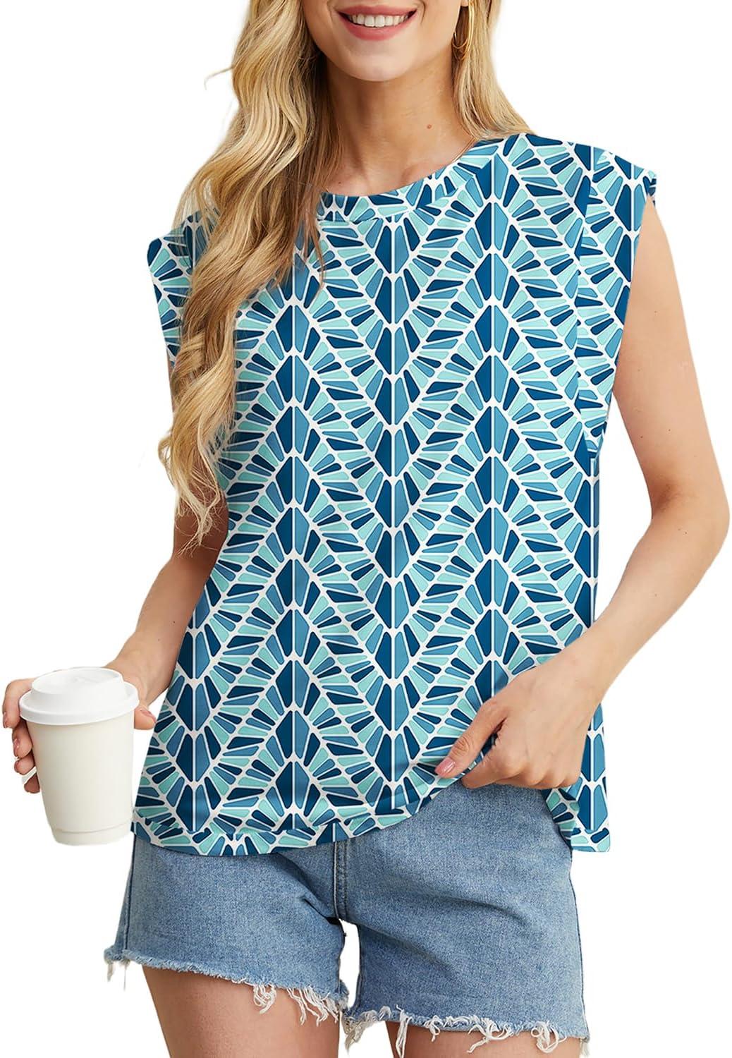 imageGRECERELLE Women 2026 Cap Sleeve Tops Summer Casual Tee Shirt Loose Crew Neck Basic Tank Trendy Work Vacation Outfits S2XLBlue Fish Scale
