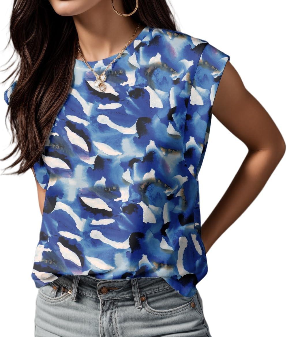 imageGRECERELLE Women 2026 Cap Sleeve Tops Summer Casual Tee Shirt Loose Crew Neck Basic Tank Trendy Work Vacation Outfits S2XLBlue Ink White