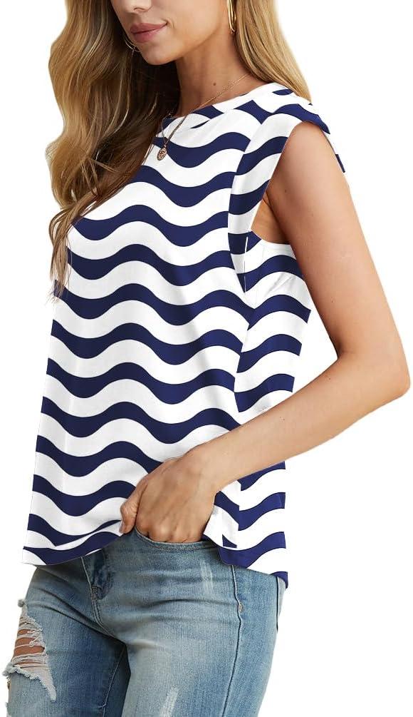 imageGRECERELLE Women 2026 Cap Sleeve Tops Summer Casual Tee Shirt Loose Crew Neck Basic Tank Trendy Work Vacation Outfits S2XLBlue White Wave
