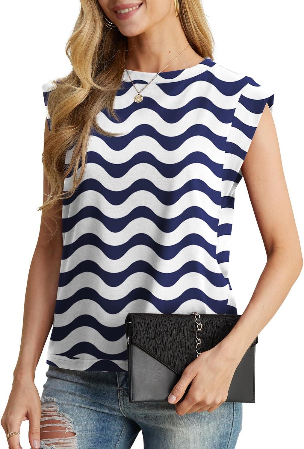 imageGRECERELLE Women 2026 Cap Sleeve Tops Summer Casual Tee Shirt Loose Crew Neck Basic Tank Trendy Work Vacation Outfits S2XLBlue White Wave