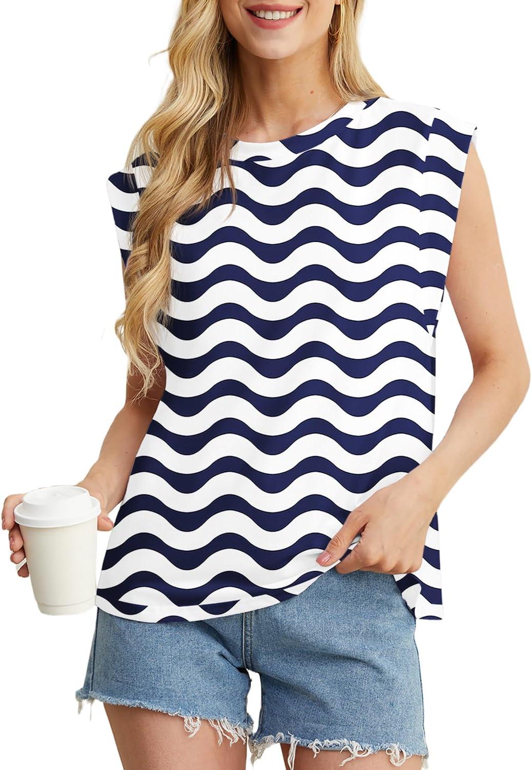 imageGRECERELLE Women 2026 Cap Sleeve Tops Summer Casual Tee Shirt Loose Crew Neck Basic Tank Trendy Work Vacation Outfits S2XLBlue White Wave