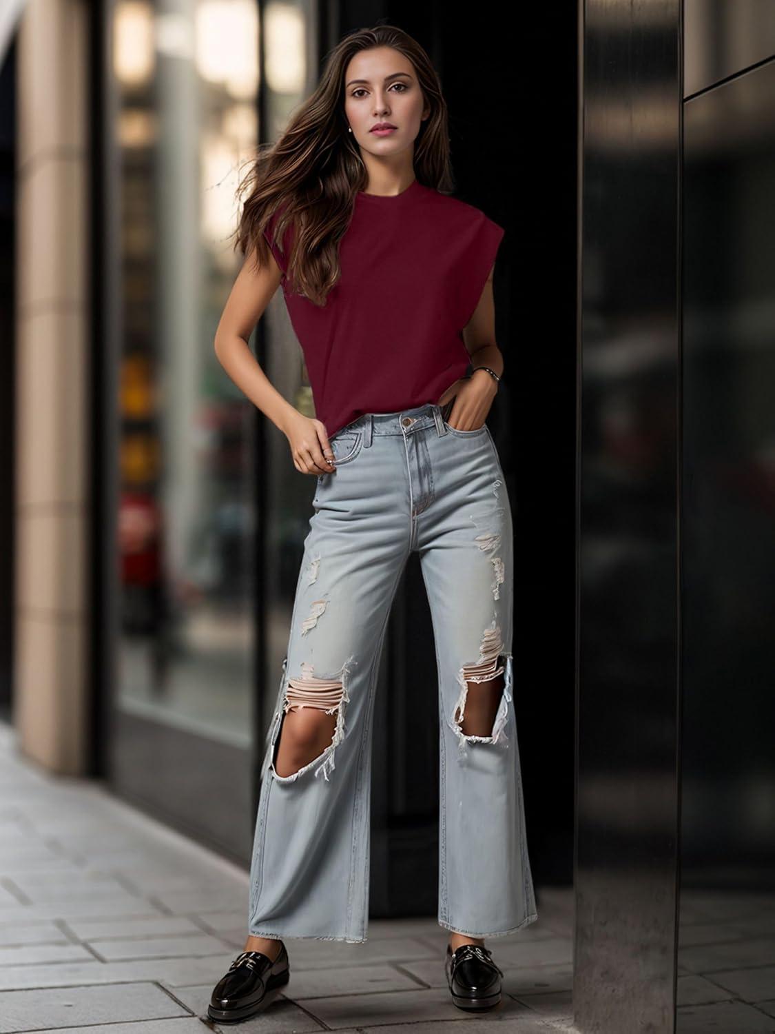 imageGRECERELLE Women 2026 Cap Sleeve Tops Summer Casual Tee Shirt Loose Crew Neck Basic Tank Trendy Work Vacation Outfits S2XLBurgundy