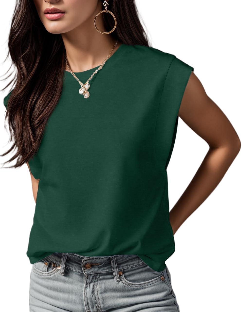imageGRECERELLE Women 2026 Cap Sleeve Tops Summer Casual Tee Shirt Loose Crew Neck Basic Tank Trendy Work Vacation Outfits S2XLDark Green