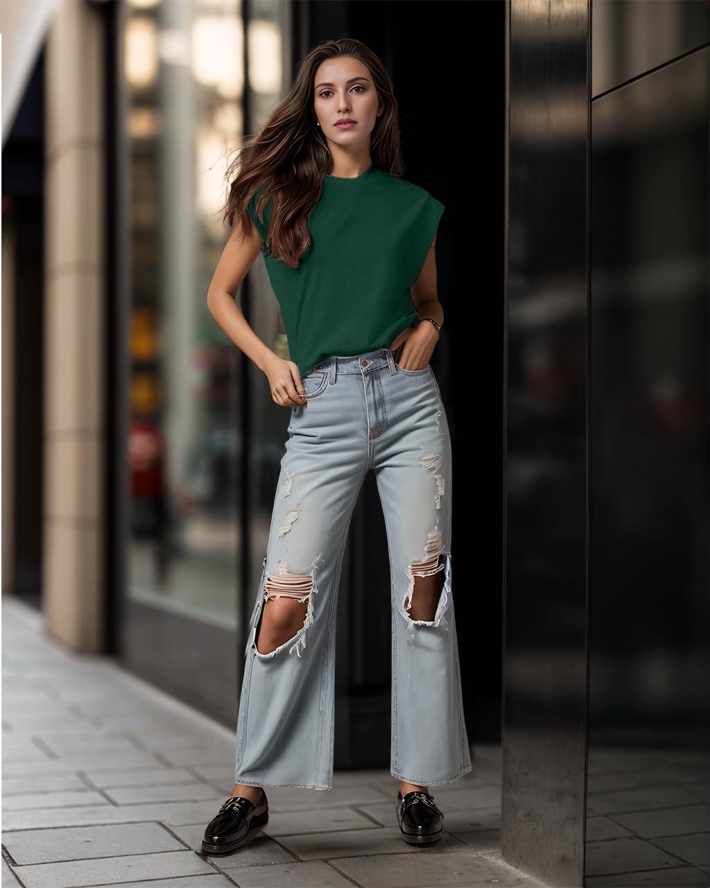 imageGRECERELLE Women 2026 Cap Sleeve Tops Summer Casual Tee Shirt Loose Crew Neck Basic Tank Trendy Work Vacation Outfits S2XLDark Green
