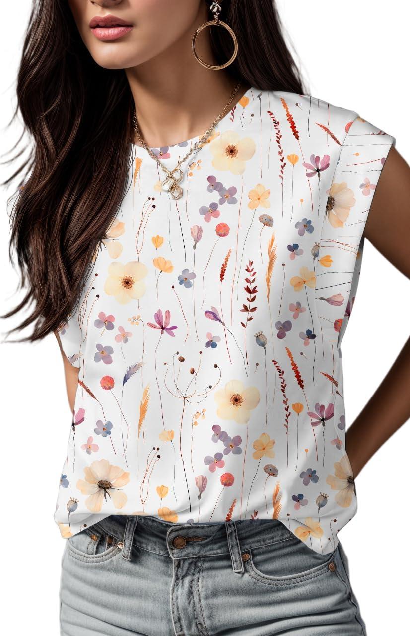 imageGRECERELLE Women 2026 Cap Sleeve Tops Summer Casual Tee Shirt Loose Crew Neck Basic Tank Trendy Work Vacation Outfits S2XLDreamy Garden