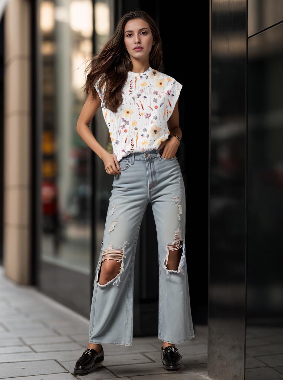 imageGRECERELLE Women 2026 Cap Sleeve Tops Summer Casual Tee Shirt Loose Crew Neck Basic Tank Trendy Work Vacation Outfits S2XLDreamy Garden