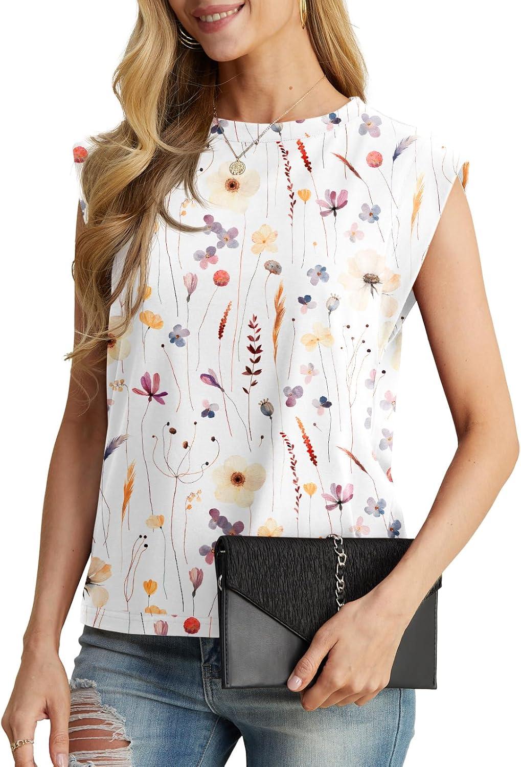 imageGRECERELLE Women 2026 Cap Sleeve Tops Summer Casual Tee Shirt Loose Crew Neck Basic Tank Trendy Work Vacation Outfits S2XLDreamy Garden