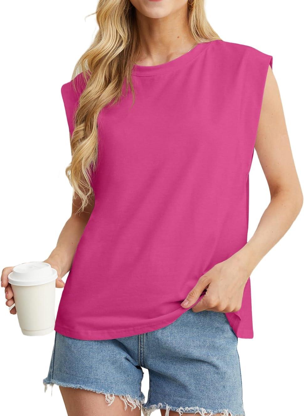 imageGRECERELLE Women 2026 Cap Sleeve Tops Summer Casual Tee Shirt Loose Crew Neck Basic Tank Trendy Work Vacation Outfits S2XLHot Pink