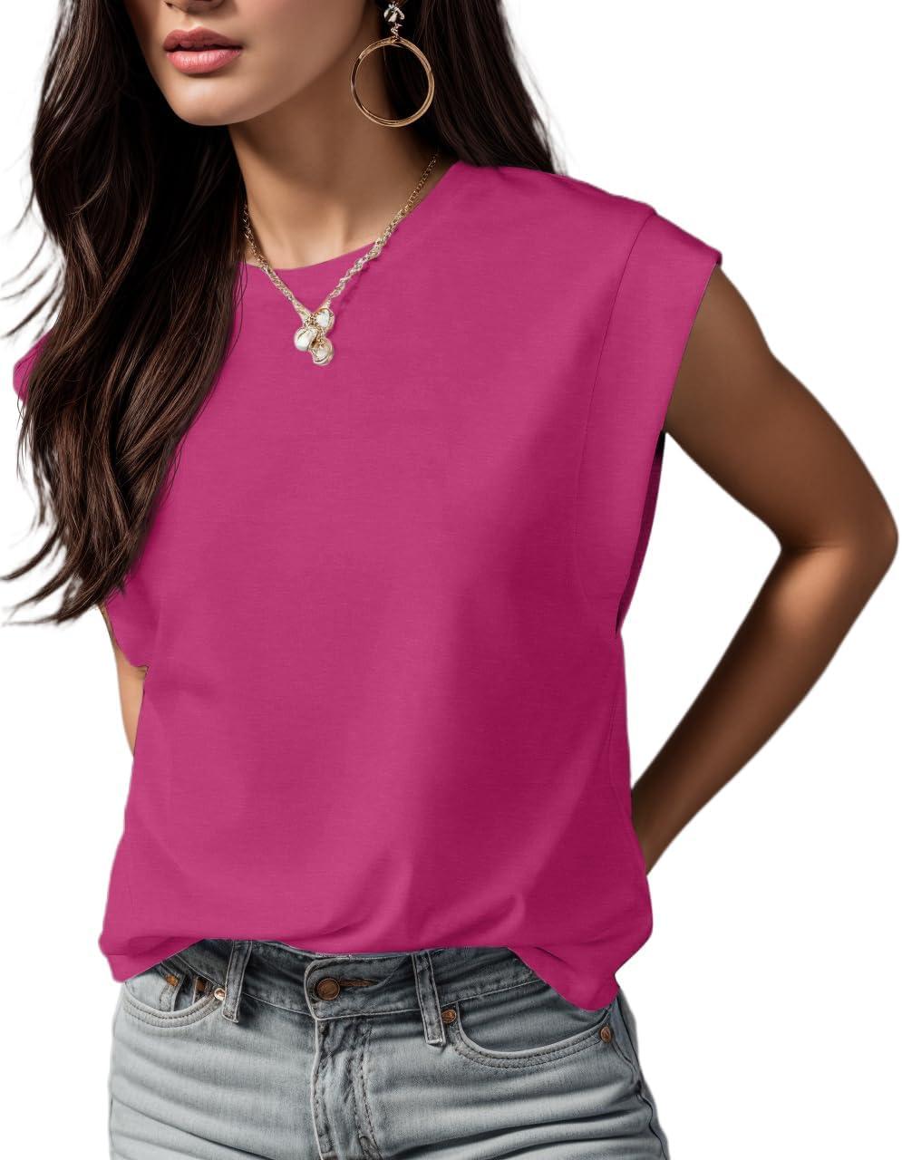 imageGRECERELLE Women 2026 Cap Sleeve Tops Summer Casual Tee Shirt Loose Crew Neck Basic Tank Trendy Work Vacation Outfits S2XLHot Pink