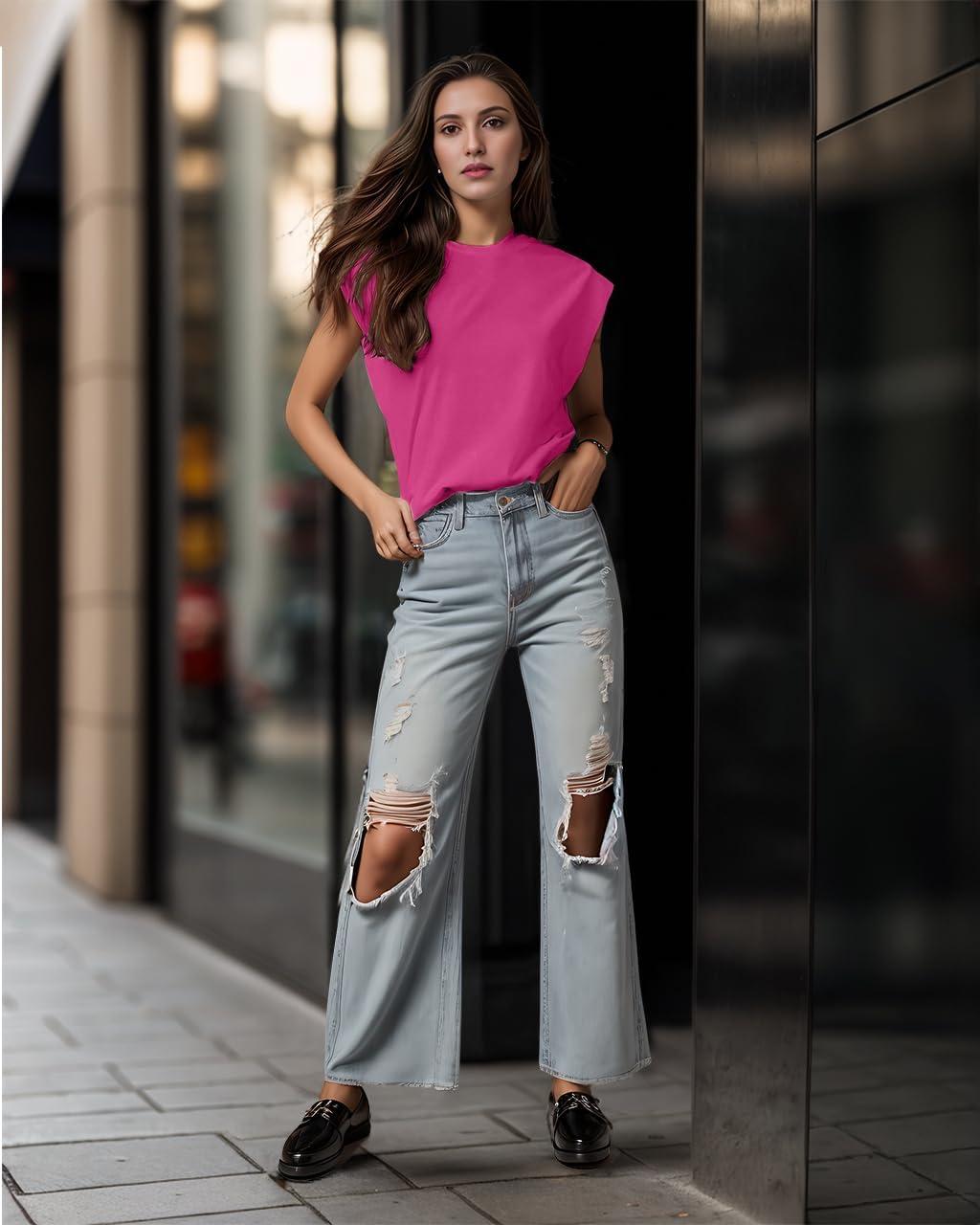imageGRECERELLE Women 2026 Cap Sleeve Tops Summer Casual Tee Shirt Loose Crew Neck Basic Tank Trendy Work Vacation Outfits S2XLHot Pink