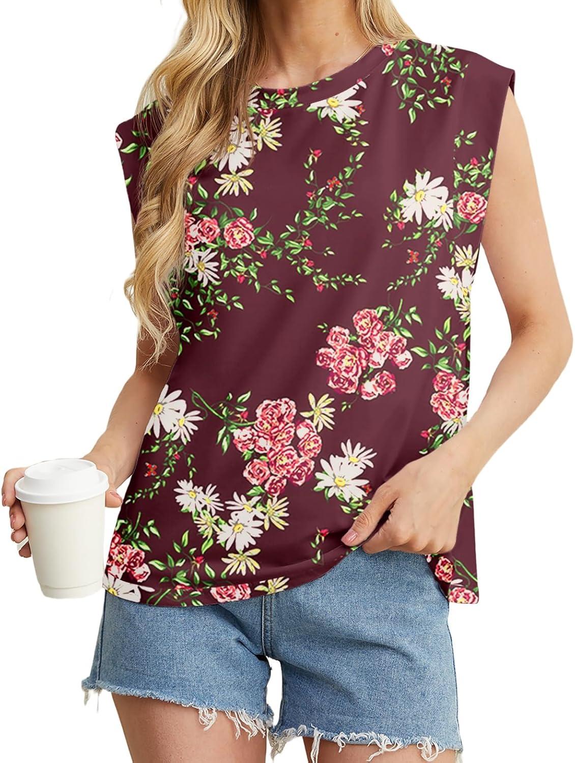 imageGRECERELLE Women 2026 Cap Sleeve Tops Summer Casual Tee Shirt Loose Crew Neck Basic Tank Trendy Work Vacation Outfits S2XLLagerstroemia Wine
