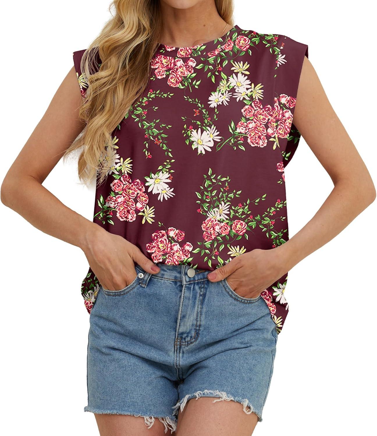 imageGRECERELLE Women 2026 Cap Sleeve Tops Summer Casual Tee Shirt Loose Crew Neck Basic Tank Trendy Work Vacation Outfits S2XLLagerstroemia Wine