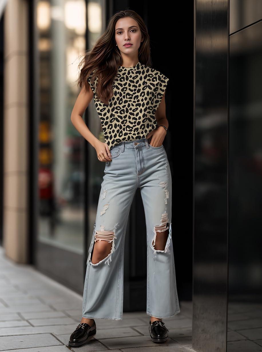 imageGRECERELLE Women 2026 Cap Sleeve Tops Summer Casual Tee Shirt Loose Crew Neck Basic Tank Trendy Work Vacation Outfits S2XLLeopard Khaki