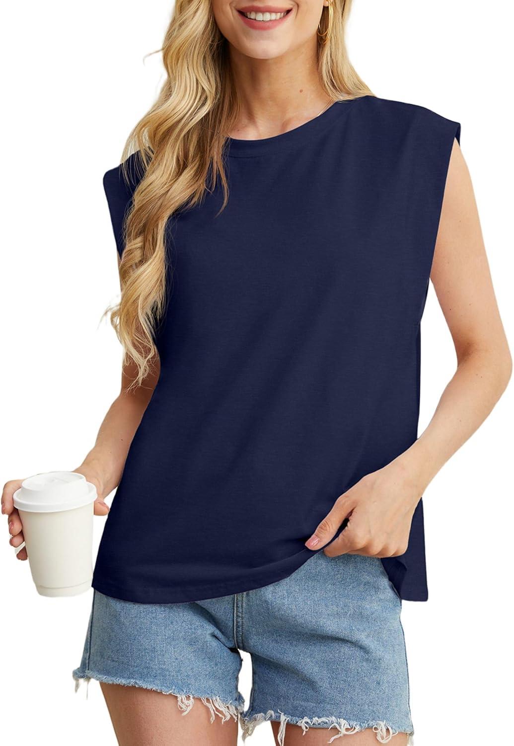 imageGRECERELLE Women 2026 Cap Sleeve Tops Summer Casual Tee Shirt Loose Crew Neck Basic Tank Trendy Work Vacation Outfits S2XLNavy Blue