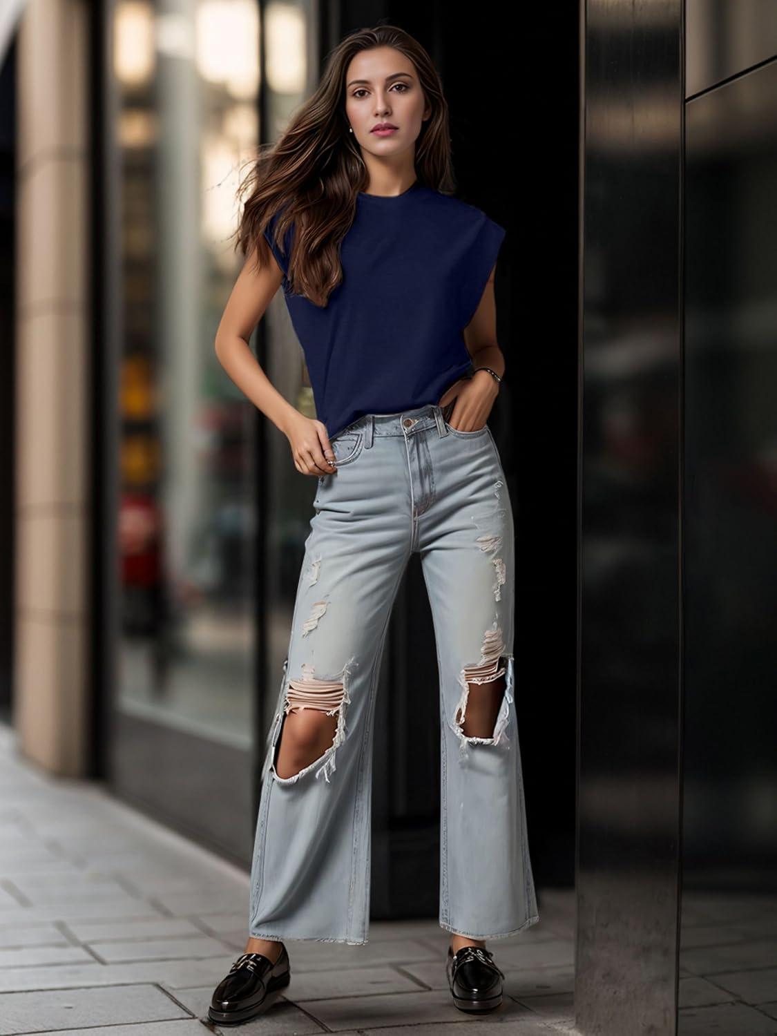 imageGRECERELLE Women 2026 Cap Sleeve Tops Summer Casual Tee Shirt Loose Crew Neck Basic Tank Trendy Work Vacation Outfits S2XLNavy Blue