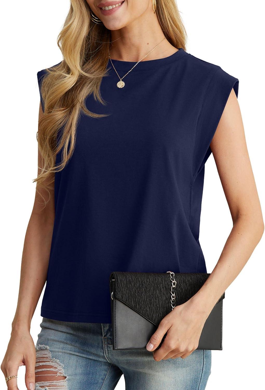 imageGRECERELLE Women 2026 Cap Sleeve Tops Summer Casual Tee Shirt Loose Crew Neck Basic Tank Trendy Work Vacation Outfits S2XLNavy Blue
