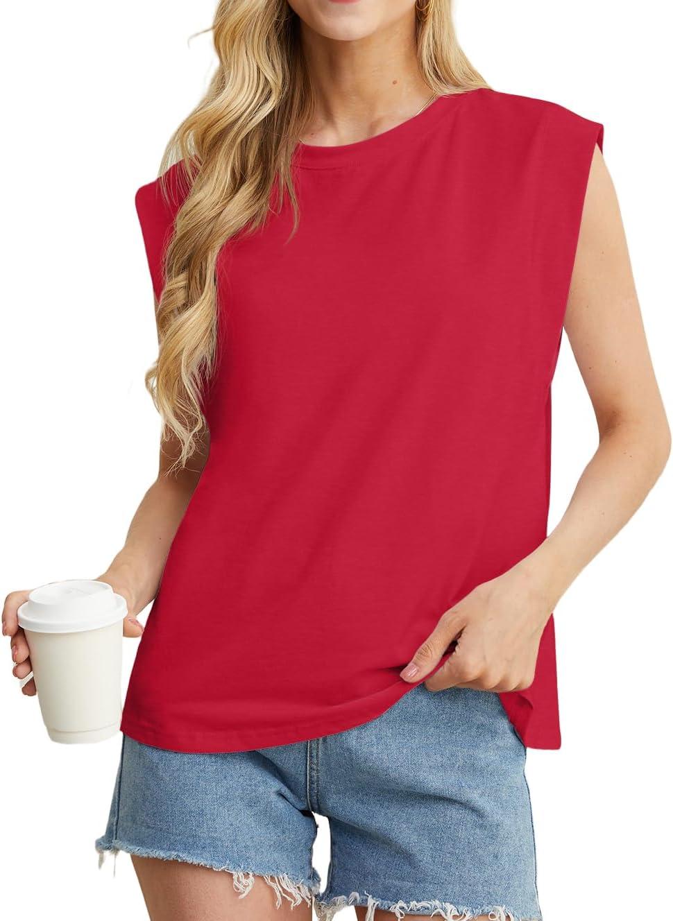 imageGRECERELLE Women 2026 Cap Sleeve Tops Summer Casual Tee Shirt Loose Crew Neck Basic Tank Trendy Work Vacation Outfits S2XLRed