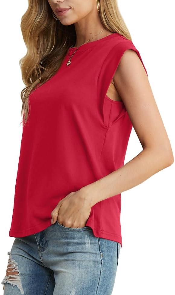 imageGRECERELLE Women 2026 Cap Sleeve Tops Summer Casual Tee Shirt Loose Crew Neck Basic Tank Trendy Work Vacation Outfits S2XLRed